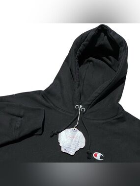 Champion Reverse Weave Hoodie Solid Black Logo Pullover Mens Size XL